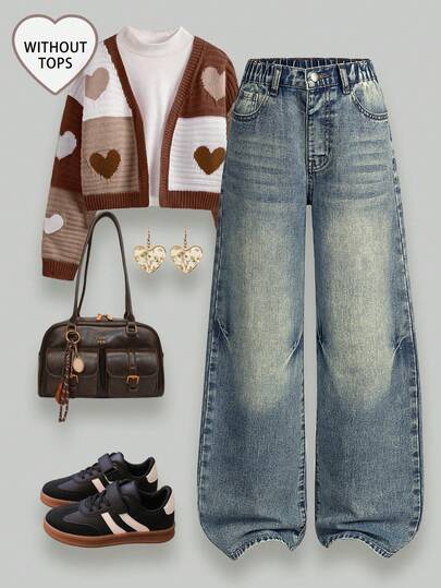 Sparklyn Tween Girls 牛仔裤 - 秋冬新品，时尚拼色设计，做旧中蓝色直筒宽松休闲牛仔裤，适合春、秋、冬，宽松版型，中腰，复古水洗，Y2K 街头风格