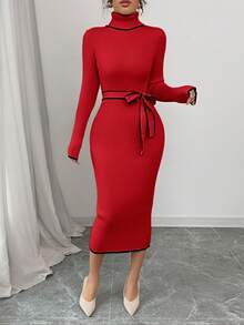Elenzga Women's Elegant High Neck Fitted Ribbed Texture Bowknot Knit Sweater Dress - Red - View 3