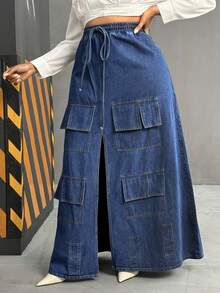 Slaydiva Spring Plus Size Women Cowgirl Style Blue Denim High Slit Skirt With Multiple Pockets, Spring - Dark Wash - View 3