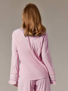 AiiRZ 休闲睡衣衬衫，配有胸袋和荷叶边袖口，条纹纽扣式睡衣上衣 - 粉色 - 查看 2