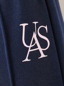 SHEIN Genkimix Kids 2 件套年轻女孩时尚修身夹克和高腰阔腿裤套装，春秋 - 藏蓝色 - 查看 4