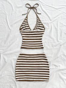 SHEIN x Eduarda Gutierrez Soleia 女式两件套花卉印花露背上衣和迷你裙套装，适合海滩/度假 - 彩色 - 查看 2