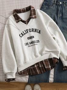 少女休闲套头卫衣，适合上学和通勤，二合一设计，带衬衫领，印有数字和字母，豹纹图案，宽松版型