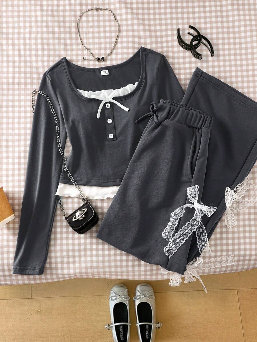 SHEIN Áo phông xám ren và quần âu xám có nơ - Xám - Xem 1