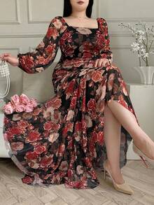 Modelyn Plus Size Floral Print Square Neck Long Sleeve Dress - Black - View 1
