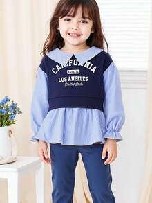 Young Girls Navy Blue Knit Patchwork Blue & White Striped Long Sleeve Sweatshirt, Fashion Letter Print Design, Versatile Children Autumn/Early Fall Pullover - Blue - View 1