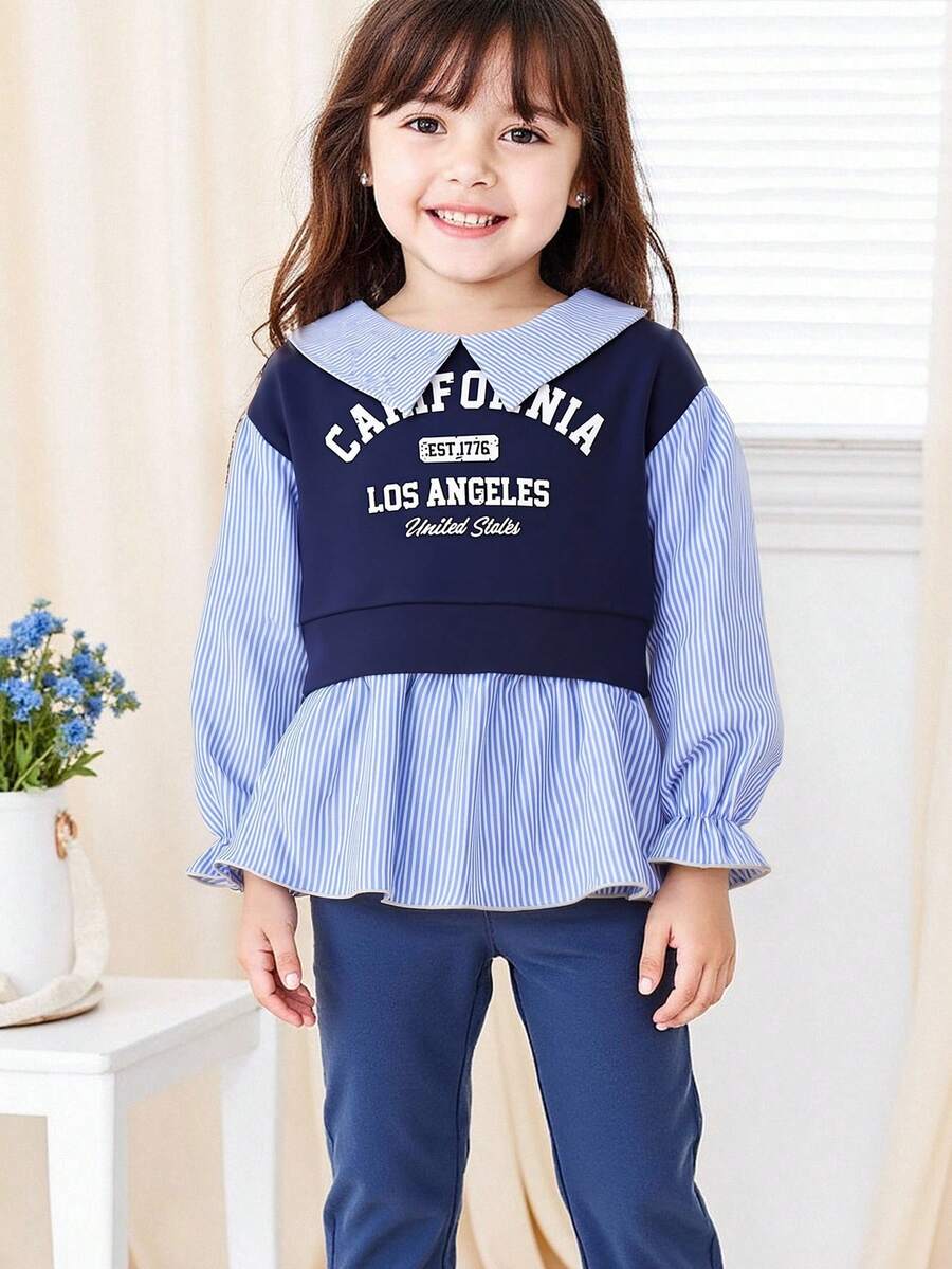 Young Girls Navy Blue Knit Patchwork Blue & White Striped Long Sleeve Sweatshirt, Fashion Letter Print Design, Versatile Children Autumn/Early Fall Pullover - Blue - View 1