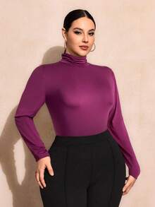 SHEIN SXY 大码纯色修身高领长袖百搭T恤基本款T恤 - 中紫紅色 - 查看 3