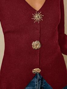 Poéselle 女式休闲简约纯色V领金属装饰修身开衫，秋冬 - 酒紅色 - 查看 7