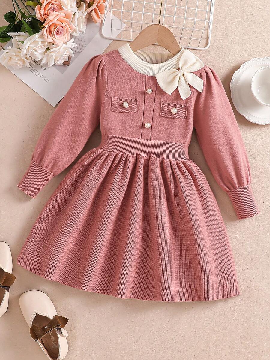 SHEIN Robe pull vintage douce en tricot avec nœud, robe pull princesse coréenne décontractée et élégante, convient pour le port quotidien et les sorties