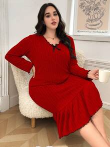 SHEIN Plus Size Comfortable Knit Nightgown With Bow Decor Collar And Ruffle Hem, Winter - Red - View 6