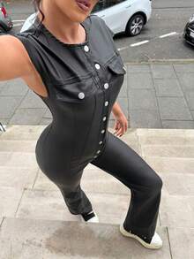 Jeanoix YK2 时尚派对风格宽肩开衫纽扣连体裤 - 黑色 - 查看 1