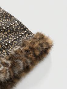 ROMWE Grunge Punk Plus Size Grunge-Punk Leopard Print Denim Faux Fur Leopard Print Sexy Party Club Music Festival Denim Mini Skirt, Autumn/Winter Plus Size Avant-Garde Sexy Women Plus Size Denim Skirt - Multicolor - View 4