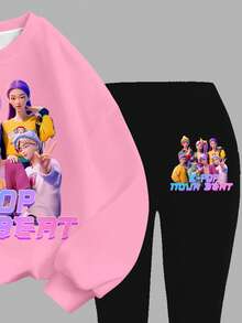 SHEIN 2 件套年轻女孩多巴胺颜色，K-POP 卡通女孩，回到学校，复古甜美美拉德风格，学院时尚轻松氛围，芭蕾美学，休闲宽松圆领长袖运动衫和喇叭裤套装，适合秋冬季 - 彩色 - 查看 5