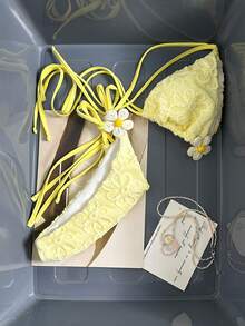 Swim Mod 2 Pieces Swimwear,Solid Floral Textured Fabric Halter Triangle Top Side Tie Bottoms Yellow Summer Cute Beach Vacation Holiday Bikini Set - Pale Yellow - View 6