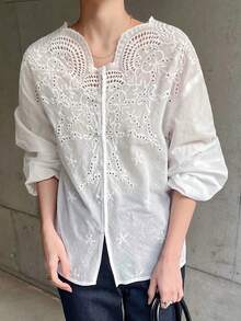 FRIFUL Women's White Loose Lace Collar Cotton Embroidered Blouse, Elegant For Spring/Summer