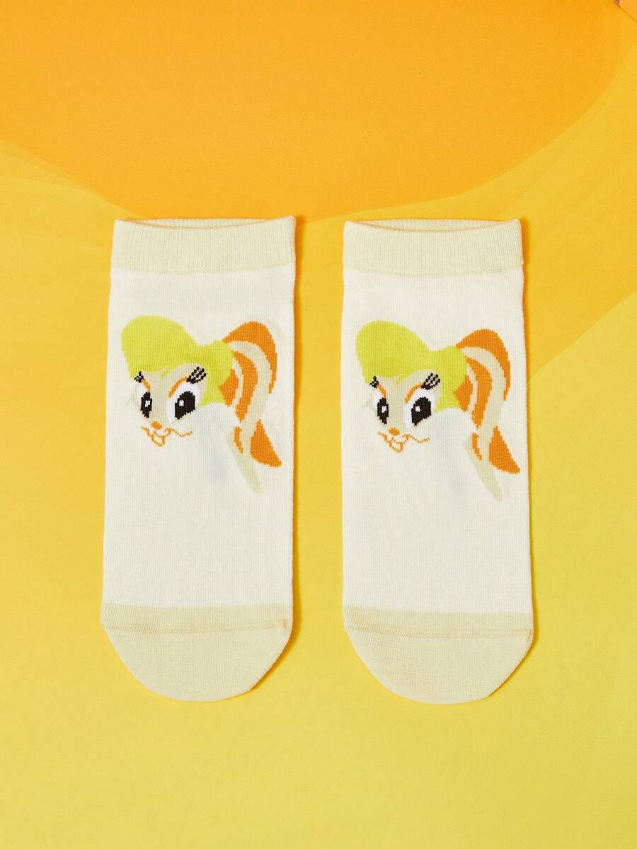 LOONEY TUNES X SHEIN Women Cartoon Pattern Cute White Ankle Socks - Yellow - View 1