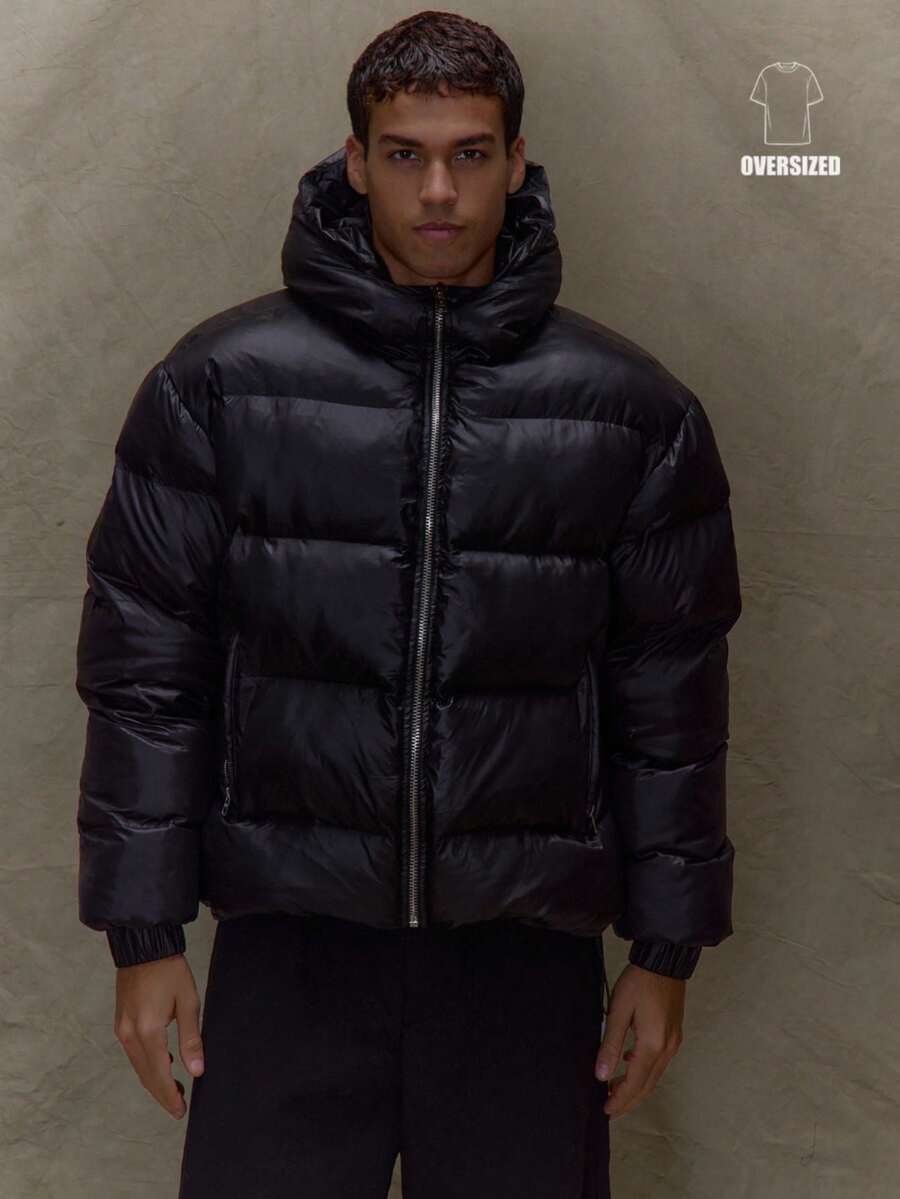 Musero Cropped Oversized Puffer Quilted Jacket Zip Through Hooded Coat SPRING SUMMER - Black - View 1