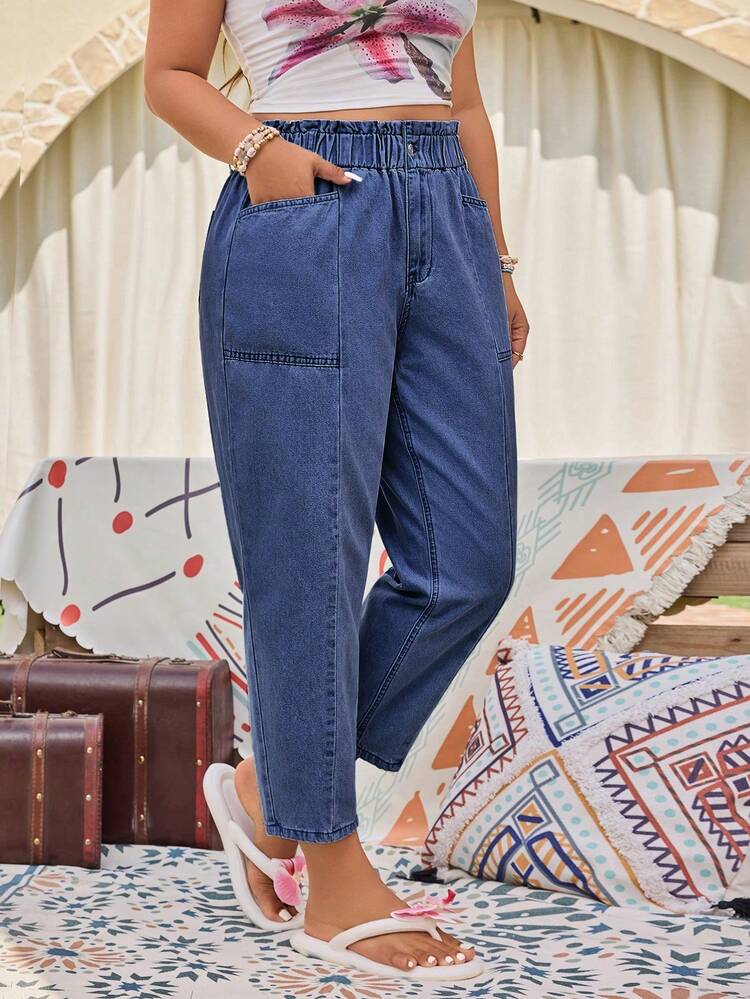 SHEIN Clasi Plus Size Women High Waist Pocketed Tapered Fashion Casual Cropped Pants - Medium Wash - View 4