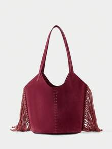SHECARRY Túi xách nữ phong cách Boho bằng da lộn với viền tua rua - Màu nâu đậm, túi đeo vai dung tích lớn, thích hợp cho kỳ nghỉ, du lịch và sử dụng hàng ngày, túi đi biển thời trang rộng rãi, mẫu túi da lộn mới nhất dành cho nữ. - Màu Đỏ Sâu - Xem 9
