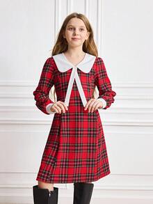Vestito elegante a quadri natalizio per ragazza pre-adolescente, autunno/inverno - Rosso - Visualizzare 1