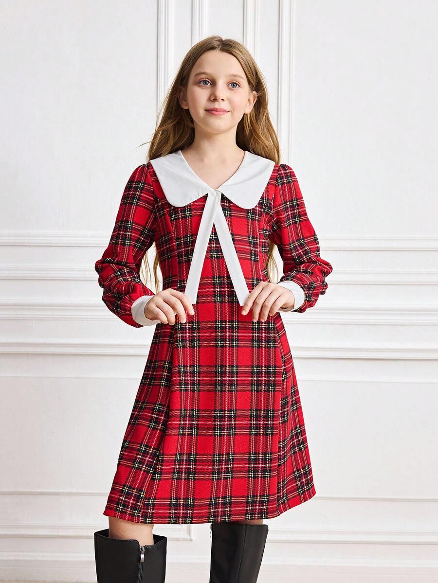 Vestito elegante a quadri natalizio per ragazza pre-adolescente, autunno/inverno - Rosso - Visualizzare 1