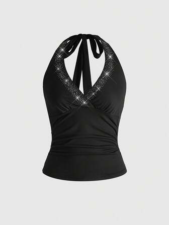 Grunge Punk Y2K Träger-Top mit Strass-Verzierung, geeignet für Urlaubspartys