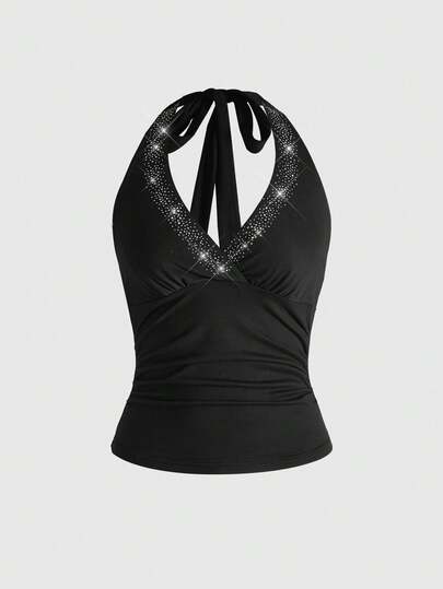 Grunge Punk Canotta con scollo ad aletta decorata con strass, adatta per feste di vacanza in stile Y2K