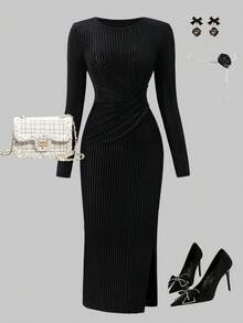 Elegante vestido de terciopelo acanalado de cuello redondo ajustado tipo princesa, cálido para otoño/invierno, adecuado para fiestas y banquetes