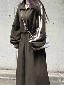 FRIFUL 女式 Polo 领休闲侧条纹宽松长款运动连衣裙