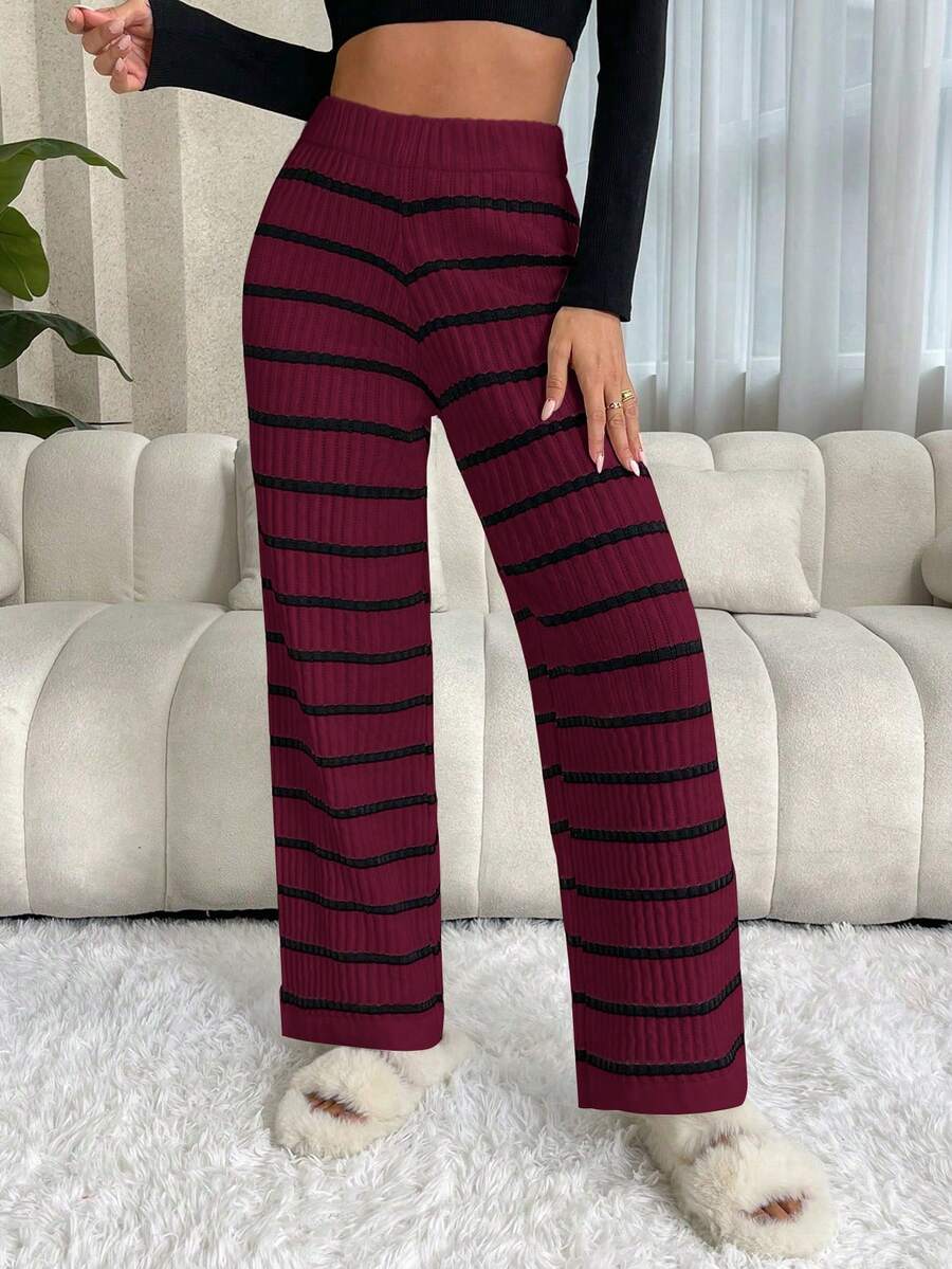 SHEIN LUNE Ensemble pantalon et pull tricoté casual bicolore pour femmes - Rouge foncé - Voir 1
