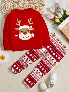 SHEIN 2 件套年轻女孩休闲圣诞可爱卡通驯鹿印花红色喜庆圆领长袖运动衫和紧身裤套装，适合秋冬季 - 彩色 - 查看 2