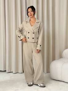 SHEIN PETITE Bộ đồ nữ màu trơn gồm áo khoác dài tay cổ ve lật hai hàng cúc và quần dài, thích hợp mặc mùa xuân và hè. - Màu be - Xem 5