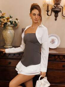Glamine Charm Set de 2 piezas de top bandeau y camisa de manga larga corta de color contrastante casual y sexy para vacaciones, primavera/otoño - Multicolor - Ver 4