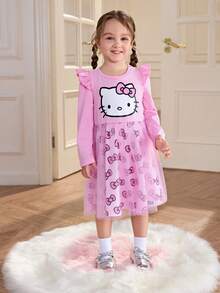HELLO KITTY AND FRIENDS | SHEIN Young Girl Sweet Cute Print Round Neck Long Sleeve Mesh Bow Allover Print Flared Hem Knit Pink Dress - Pink - View 6