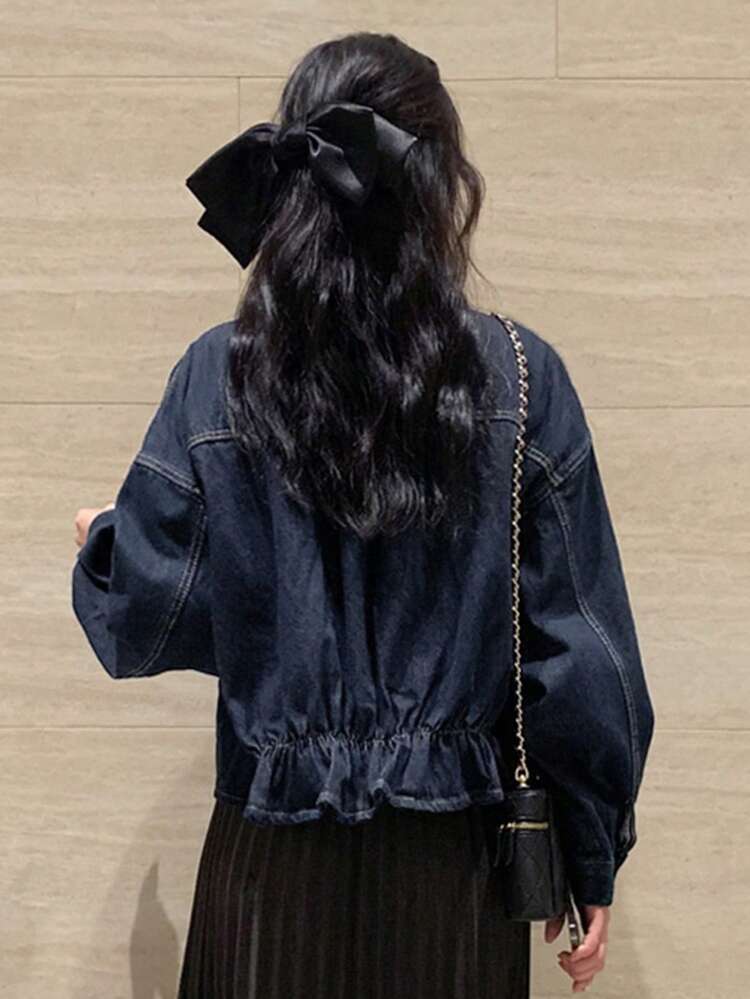 Women's Round Neck Plain Fashion Button Double Pocket Denim Jacket, Autumn/Winter
