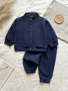 Vintaside Kids Babyboy Infant/Toddler Boys Autumn/Winter Stand Collar Long Sleeve Fashionable High-End Shirt Paired With Versatile Casual Pants Set, Suitable For Home Leisure, Mild Weather Outdoor, Family Gatherings