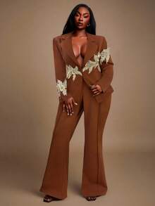 Radiana 大码女式秋冬装，优雅华丽性感 2 件套，奢华金线刺绣 3D 花朵装饰通勤风格西装外套和喇叭裤套装，适合宴会、盛宴、晚宴、舞会 - 鏽棕色 - 查看 1