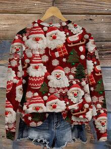 SHEIN LUNE Sweat-shirt-shirt ample à col rond à manches longues avec imprimé Père Noël, style minimaliste décontracté. Convient pour l'automne, l'hiver et Noël