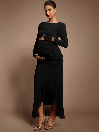 MaterniChic Autumn And Winter Maternity Black Dress Maternity Solid Color Round Neck Long Sleeve Ruched Asymmetric Hem Elegant Dress Sexy Maternity Dress