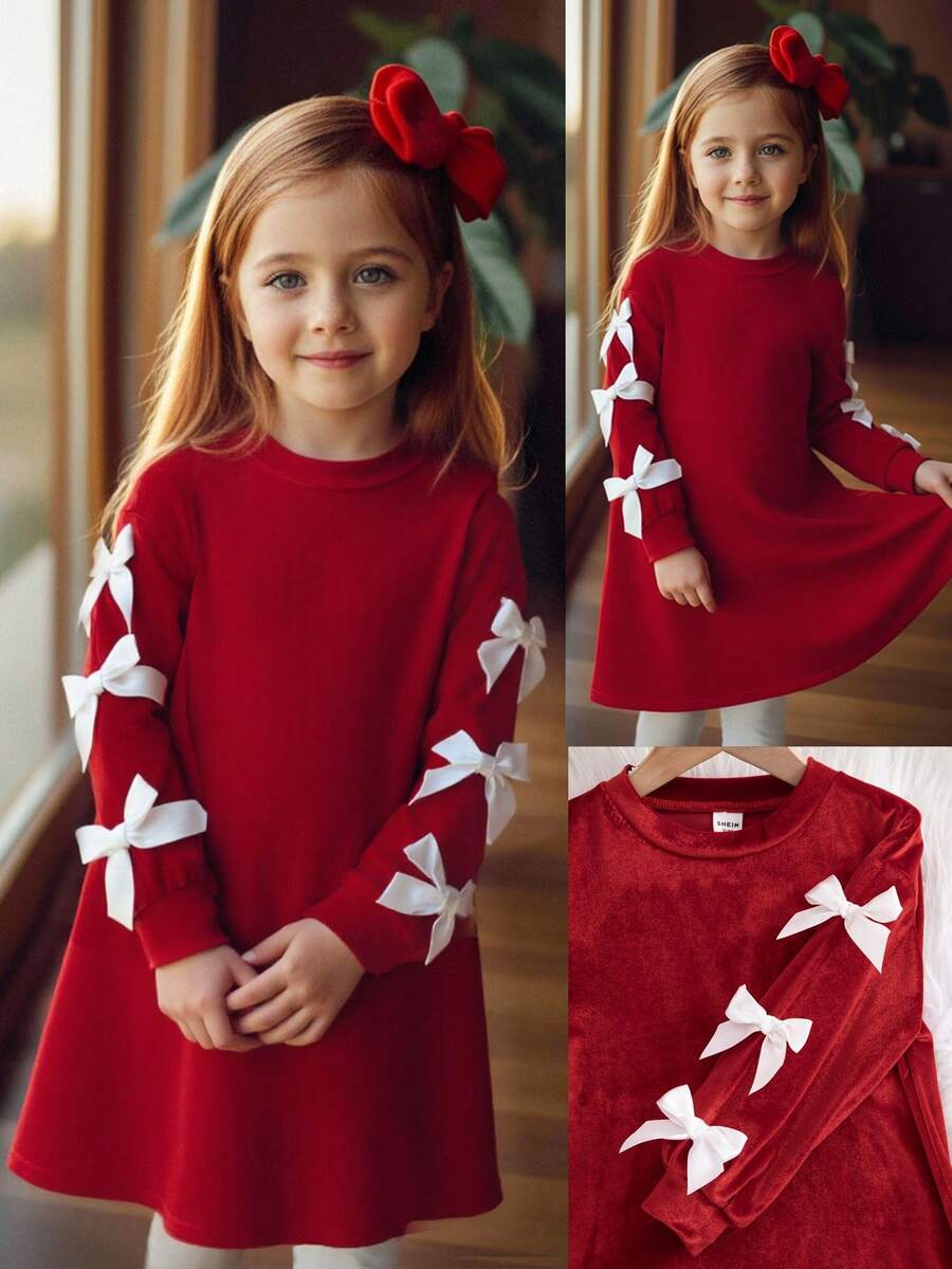 Emery Rose Kids Emery Rose Kids Sukienka dla młodej dziewczyny z kokardkami na rękawach, elegancka i urocza, idealna na święta, imprezy, urodziny, jesień/zimę