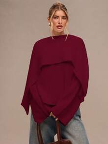 SHEIN BAE Women's Elegant Burgundy Solid Color Loose Knit Casual Pullover Sweater,Autumn Christmas Sweater,Red Top,Fall Winter Clothes For Dining - Burgundy - View 6