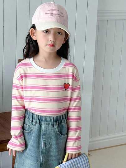 Dazy Kids 少女心刺绣条纹印花圆领长袖T恤