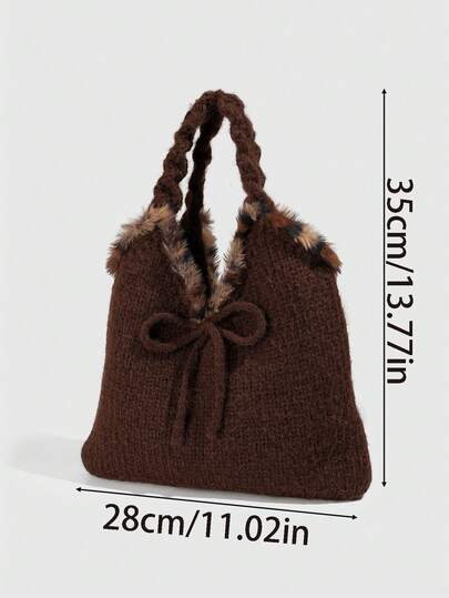 Kawaii 1pc Sweet And Cool Leopard Print Bag With A Brown Single Shoulder Strap, A Vintage Bowknot Handle Knitted Bag, A Cute Autumn And Winter Handbag