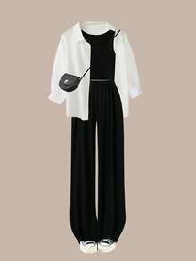 SHEIN PETITE CURVE 大码浅蓝色长袖衬衫、吊带背心和阔腿裤三件套，优雅休闲家居服，适合娇小身材 - 彩色 - 查看 3