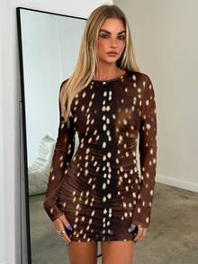 Aloruh Váy ôm sát mini họa tiết hươu Giáng sinh cổ tròn tay dài màu trơn cho nữ, váy nâu thu đông, váy Giáng sinh, váy phong cách Bohemian, váy dự tiệc, váy đi hộp đêm, váy Y2K - màu nâu - Xem 5