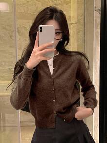 DAZY 女式略宽松灰色开衫，全新秋冬系列 - 棕色 - 查看 4