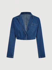 Sweetra Women Lapel NeckLong Sleeve Jacket And Denim Jumpsuit Set - Blue - View 7