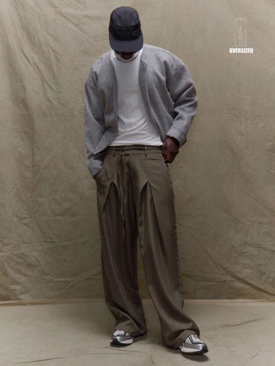 Musero Men Baggy Loose Fit Side Wrap Tailored Pleat Trouser Fall SUMMER SPRING - Dark Grey - View 1
