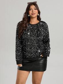 Comfylo Plus Size Sequin Decor Round Neck Long Sleeve T-Shirt, Party Sequin Winter New Year Sparkly Black Top